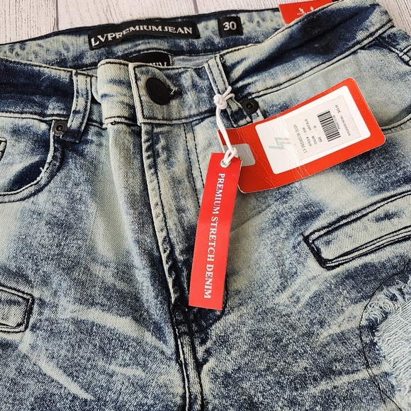 Skinny Fit Distressed Blue Wash Denim Shorts - Picture 6 of 15